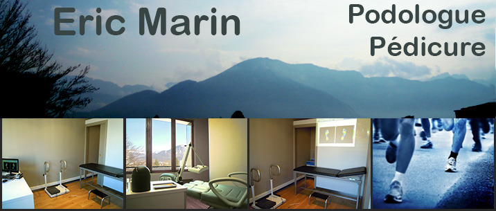 Bandeau du cabinet Eric Marin, podologue pédicure : la vue sur les montagnes depuis le cabinet, et cinq photos des salles de soins